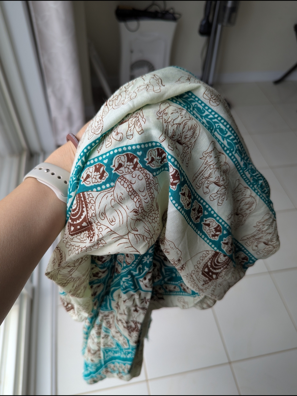 Thailand Huge Lightweight Elephant Print Scarf - Teal & Cream